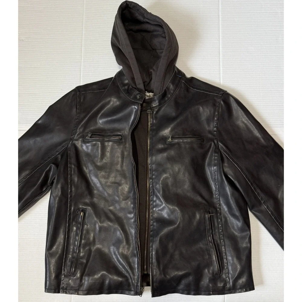 LEVI'S -‎ Mens Faux Leather Dark Brown Hooded Zip Jacket - Size Large*